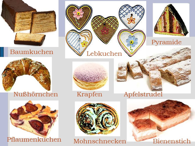 Bienenstich Apfelstrudel Lebkuchen Pyramide Baumkuchen Pflaumenkuchen Nußhörnchen Mohnschnecken Krapfen